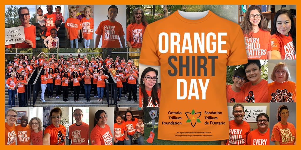 Collage photo de la Journée du chandail orange des employés de la Fondation Trillium de l'Ontario portant leur t-shirt orange.