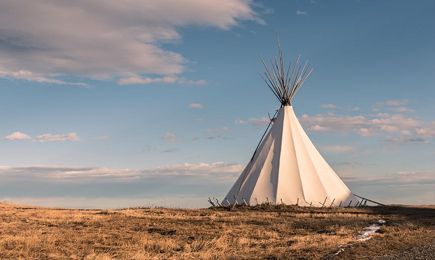 A traditional Indigenous teepee sits in a grassy field.